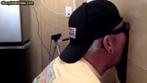 Gloryhole BJ DILF gets fucked in sling by chubby top